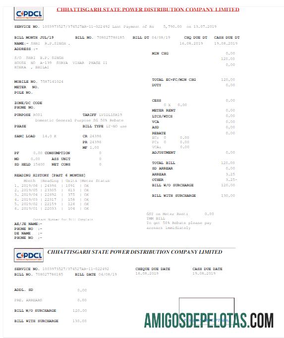 realista ÍNDIA C PDCL fatura de serviços públicos modelo Word e PDF